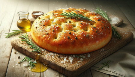 Freshly baked round pie with rosemary and oil on wooden table