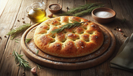 Khachapuri with rosemary and garlic on a wooden backgroundの写真素材