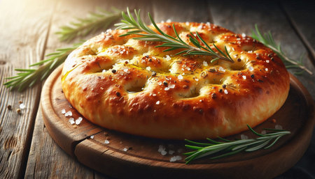Homemade pie with rosemary and salt on a wooden background.の写真素材