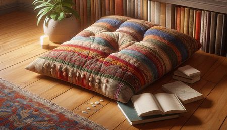 Pillows and books on a wooden floor in the living room