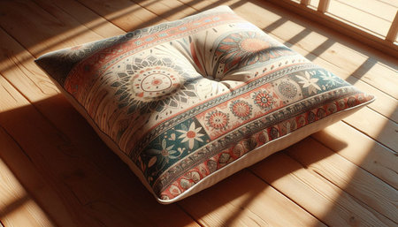 Pillow on the wooden floor with sunlight in the morning.