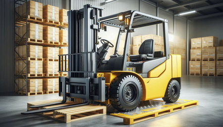 Forklift loader in warehouse. Cargo freight transportation and distribution warehouse. 3d rendering