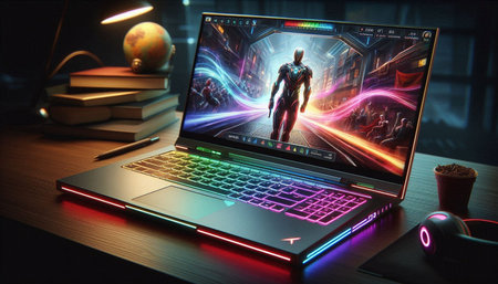 Laptop with glowing screen on dark background. 3D rendering.