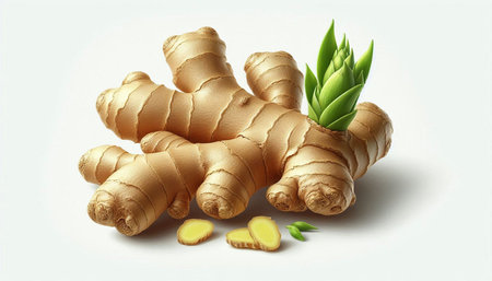 Ginger root with leaves on white background. Vector illustration. Eps 10.