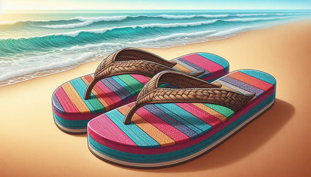 Colorful flip flops on the beach. 3D illustration.