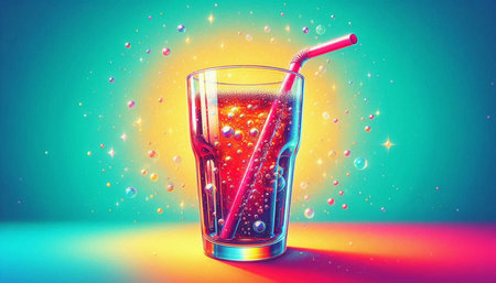 Glass of cola with straws on colorful background. 3d illustrationの写真素材