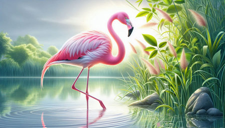 Flamingo in the pond. 3D illustration. Nature background.の写真素材