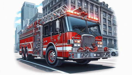 Modern firetruck on the background of the city. 3D rendering
