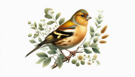 Watercolor illustration of a chaffinch on a branch with flowers.の写真素材