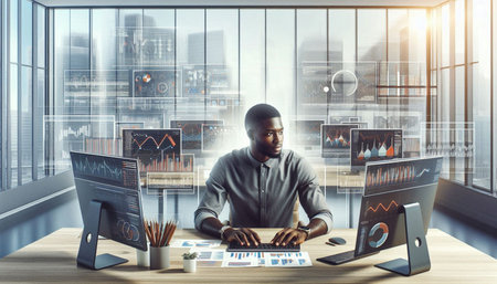 African american businessman sitting at desk in modern office with double exposure of graphs and...