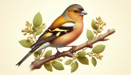Chaffinch on a twig with flowers. Hand-drawn illustration.の写真素材
