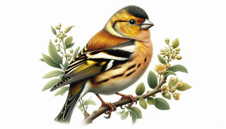 Chaffinch on a branch with flowers isolated on white background.の写真素材