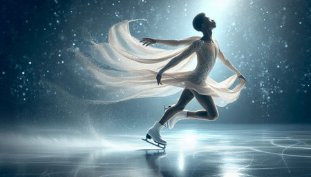 Figure skating woman in white sportswear on ice. Mixed mediaの写真素材