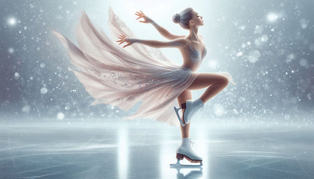 Beautiful young woman figure skating on ice with snowflakes conceptの写真素材