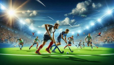 Hockey players in action at the stadium. 3D rendering.