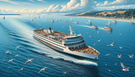 Cruise ship in the sea. 3d render. Aerial view.の写真素材