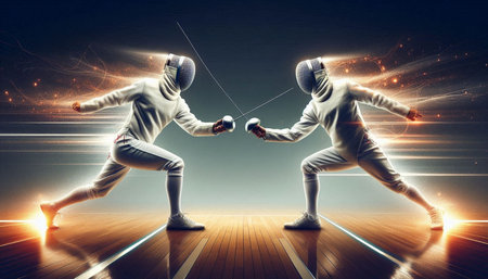 Two young female fencers in fencing costume fighting with swords on dark background