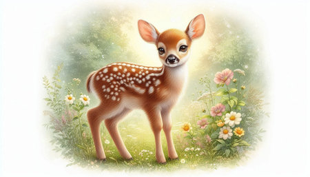 Illustration of a cute baby deer on a meadow with flowersの写真素材