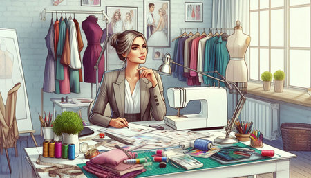 Fashion designer working at her desk in the studio. Vector illustration.