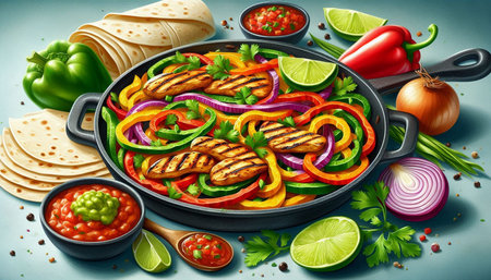 Grilled chicken fillet with vegetables in pan on blue background.の写真素材