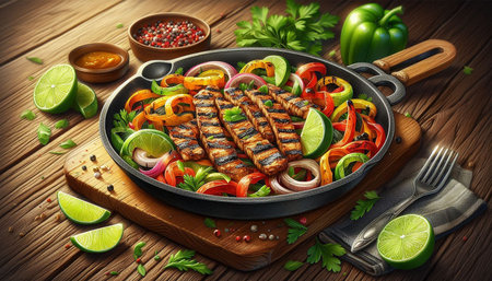 Grilled chicken kebab with vegetables in pan on wooden tableの写真素材