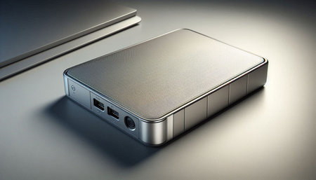 3d rendering of a silver external hard drive on a metallic background