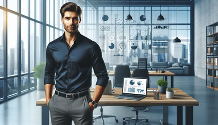 Portrait of handsome young businessman standing in modern office interior with city view, mock upの写真素材
