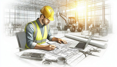 Architect or engineer working on blueprint at construction site. Mixed media
