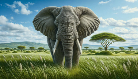 Elephant in savannah with acacia trees - 3D renderの写真素材