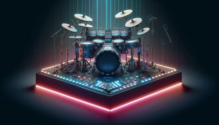 Drum kit on a stage in neon light. 3d rendering