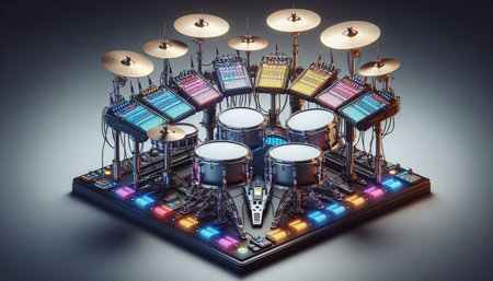 Drum kit with neon lights. 3d illustration. Computer digital drawing.
