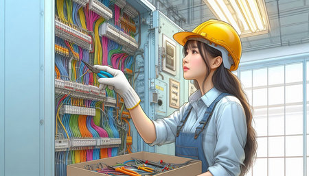 Illustration of a female electrician working in an electrical substation