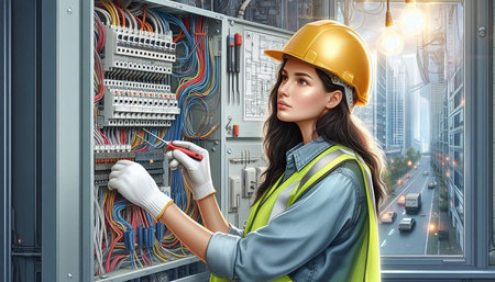 Young woman engineer in hardhat and helmet working on electrical panel.