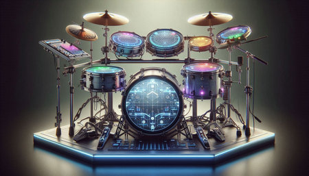 Drum kit on a dark background. 3d rendering. Computer digital drawing.