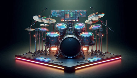 Drum kit on a stage with neon lights. 3d rendering