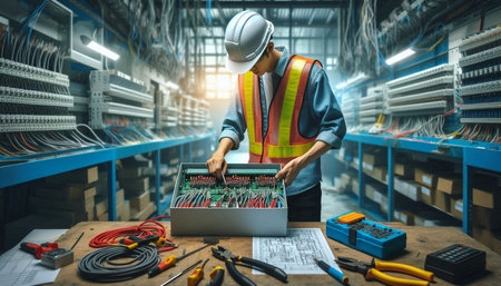 Engineer or Technician man working with electrical equipment in industrial factory.