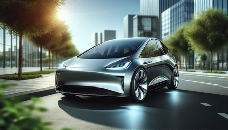 Modern electric car on the road. 3d render. Technology concept.