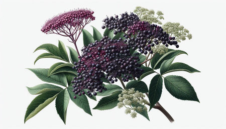 Bunch of elderberry with green leaves isolated on white background.