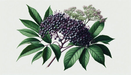 Sambucus nigra. Black elderberry. Hand drawn illustration.の写真素材