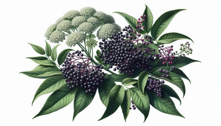 Elderberry bunch with leaves and berries isolated on white background.