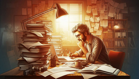 Tired and stressed businessman sitting at the office desk with piles of books and laptop computer on...