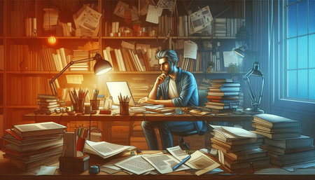Businessman sitting at his desk in the office with piles of books.
