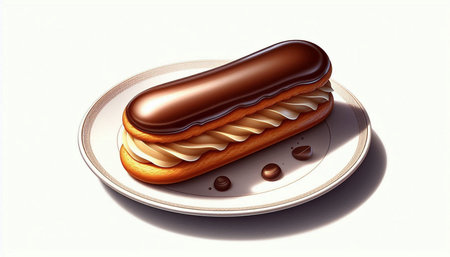 Eclair with chocolate icing on a white plate. 3d rendering