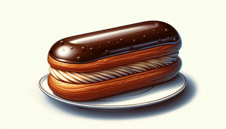 Eclair with chocolate glaze on a white plate. Vector illustration.