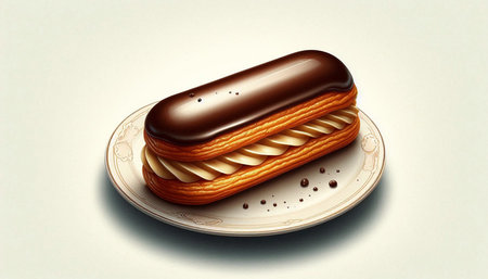 Eclair with chocolate icing on a plate. 3D illustration.