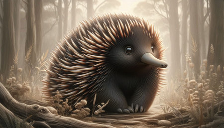 Echidna in the misty forest. 3D illustration.の写真素材