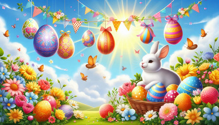 Easter bunny with colorful eggs in the meadow full of flowers