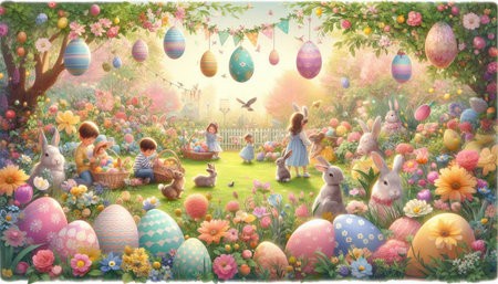 Easter background with eggs, rabbits and flowers in the garden.