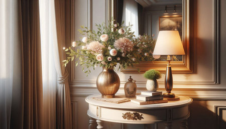 Vase with flowers on the table in classic interior. 3d render
