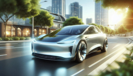 Modern car on the road with cityscape background. 3d rendering